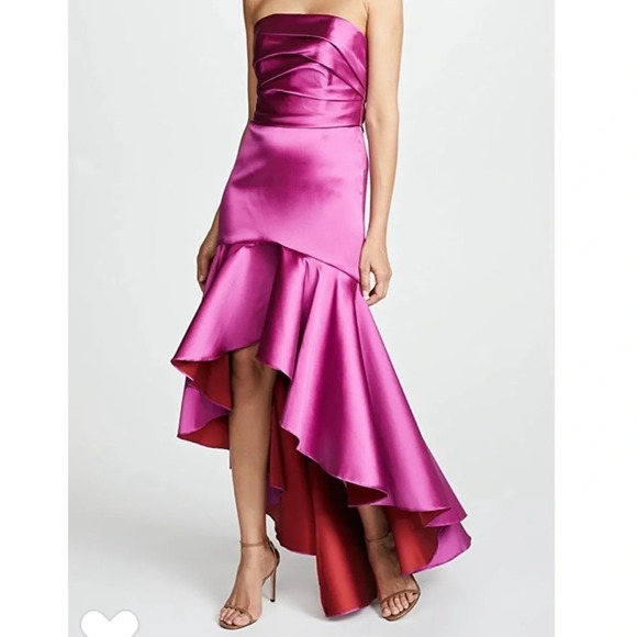 MARCHESA Notte Fluted High Low Mikado Fuchsia Pink Dress - Picture 1 of 13